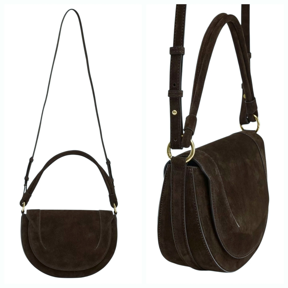 New ZARA Brown Suede Flap Front Convertible Crossbody Shoulder Bag Clutch